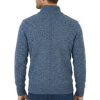 Back view of a denim blue marl zip-through jumper showing the ribbed hem and centre seam detail