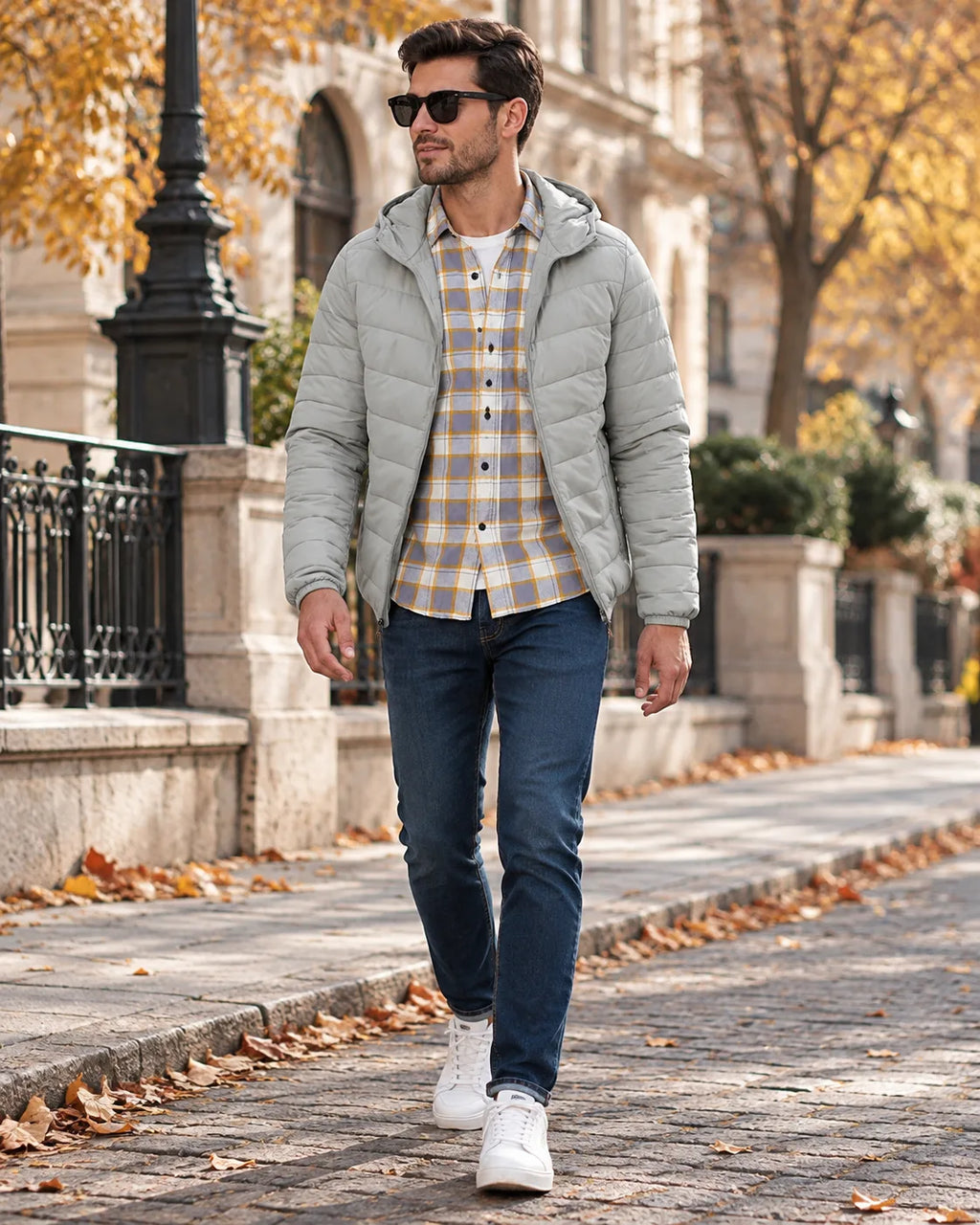 Man in a light grey hooded puffer jacket worn open over a checked shirt, paired with dark jeans and white trainers