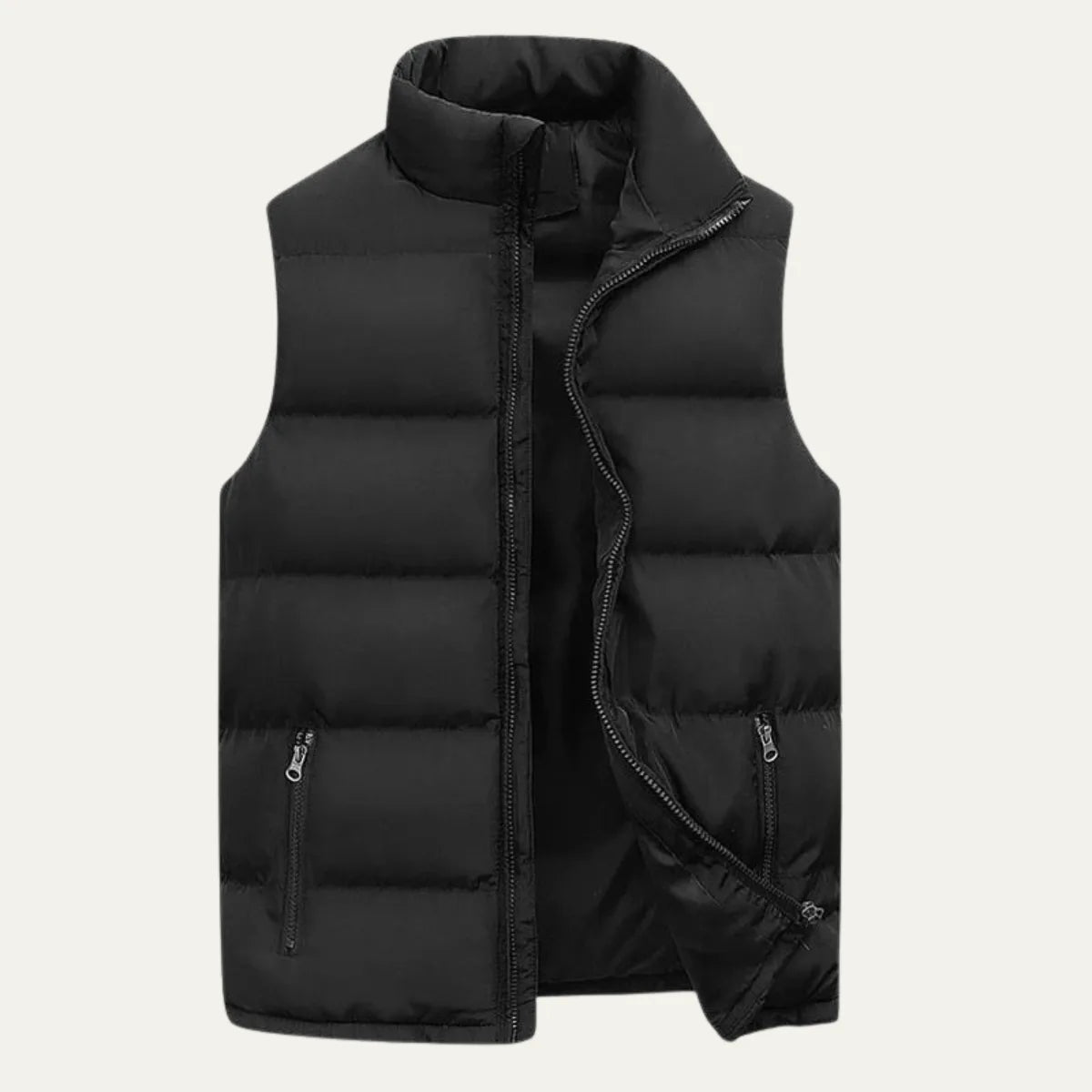 Front view of a black quilted gilet, unzipped, with stand collar and zipped side pockets on a plain background