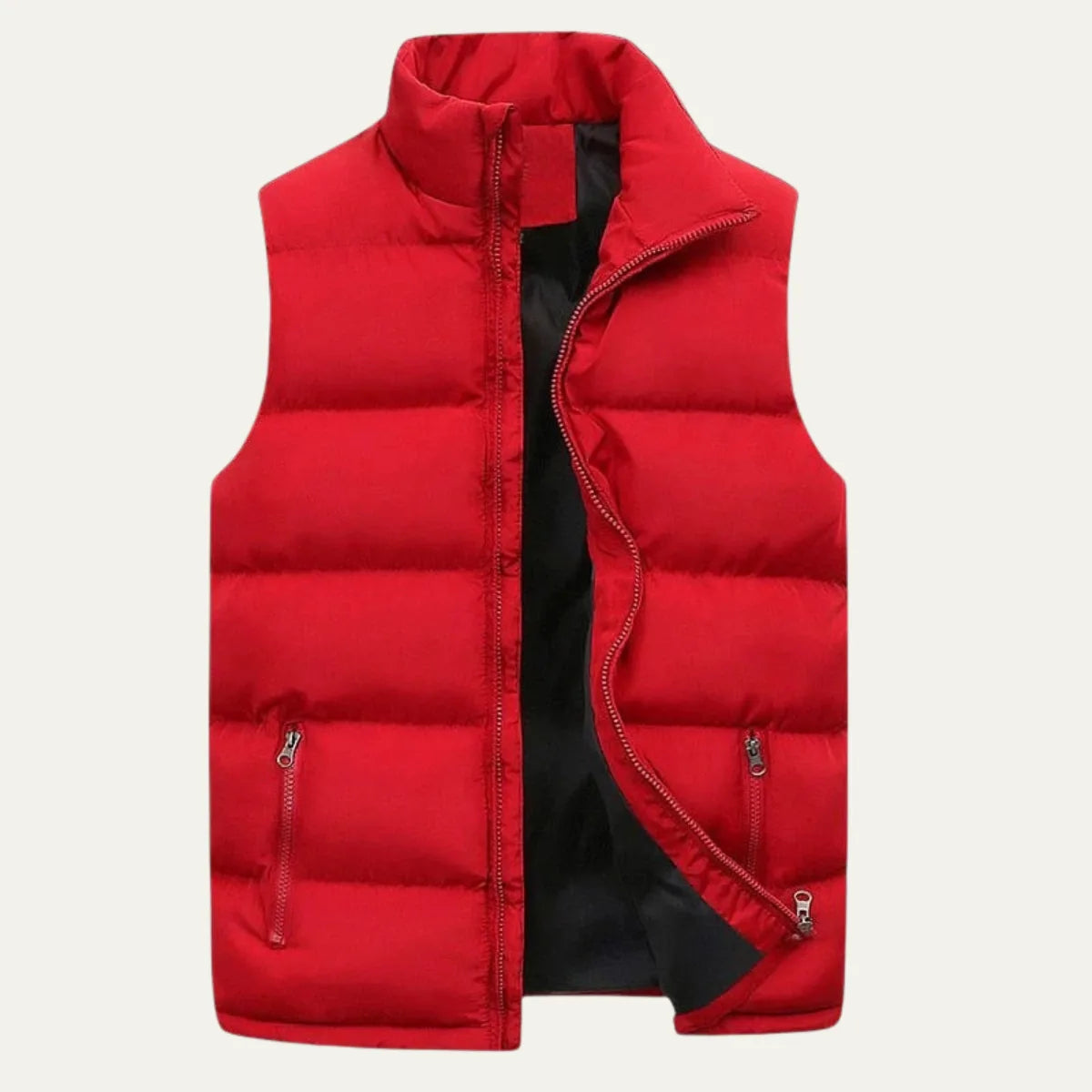 Side angle of a black quilted gilet showing the full-length zip and armhole seam detail