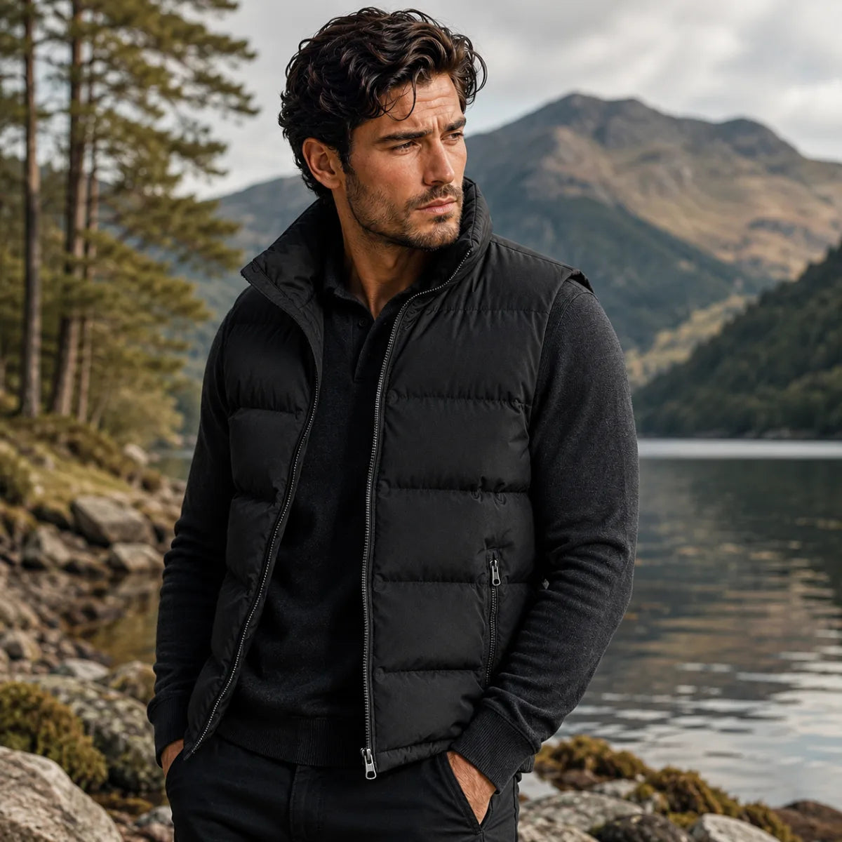 Back view of a black padded gilet showing the smooth quilted panelling across the shoulders