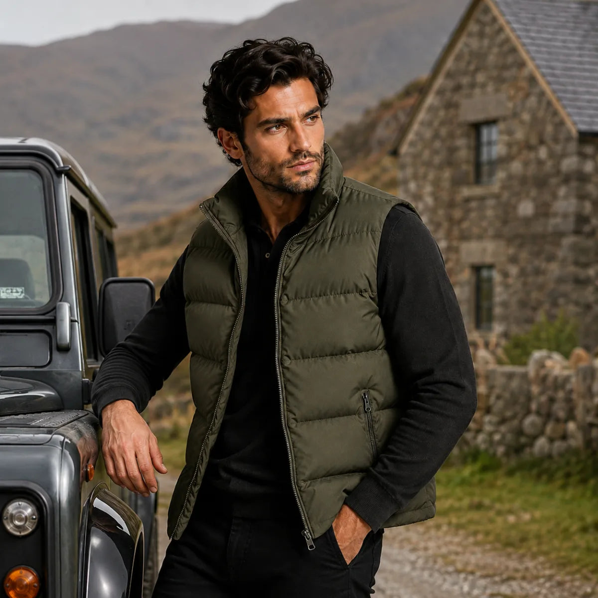 Close-up of the stand collar and upper zip area on an army green padded gilet
