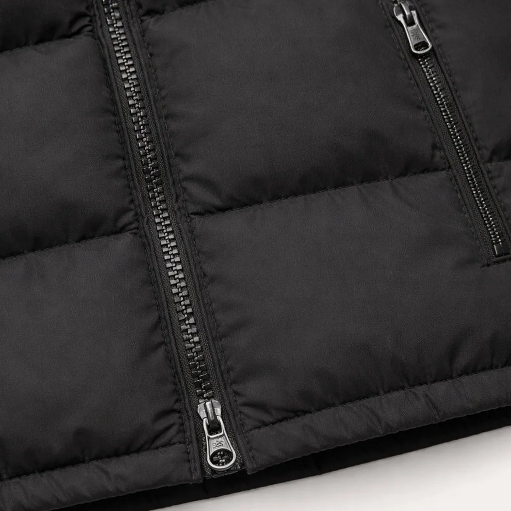 Detail of the zipped front pocket and quilted panel on an army green gilet