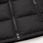 Detail of the zipped front pocket and quilted panel on an army green gilet