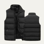 Front and back view of a black padded gilet showing the horizontal quilting and stand collar construction