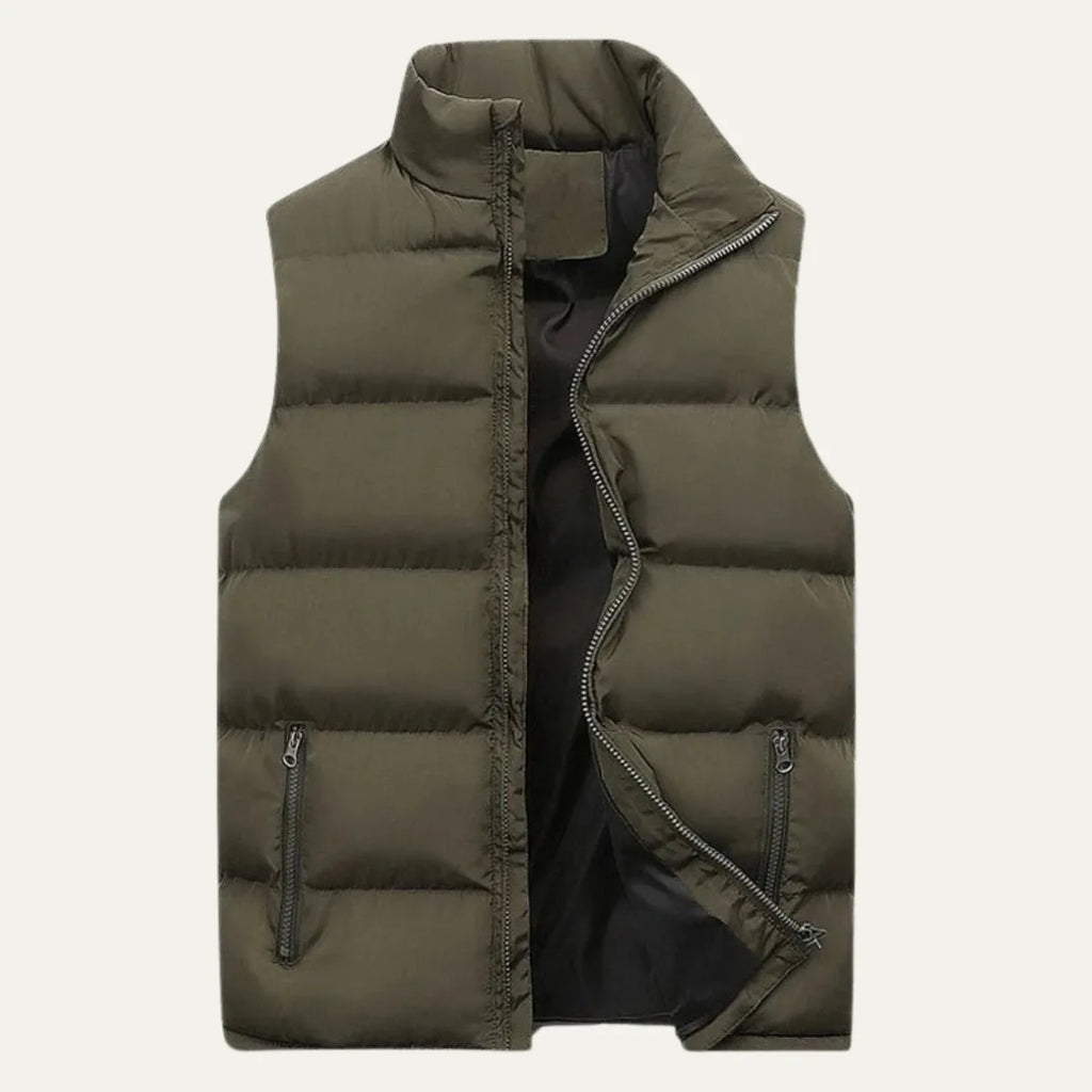 Front view of an army green quilted gilet, unzipped, with stand collar and zipped side pockets