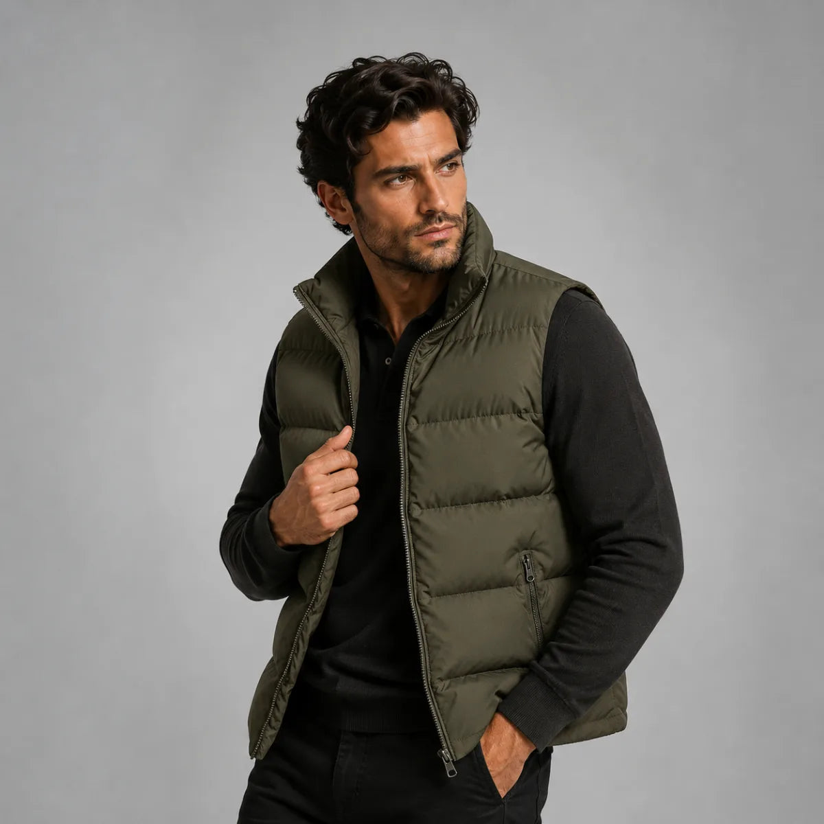 Man wearing an open army green quilted gilet over a black jumper, holding the collar with one hand