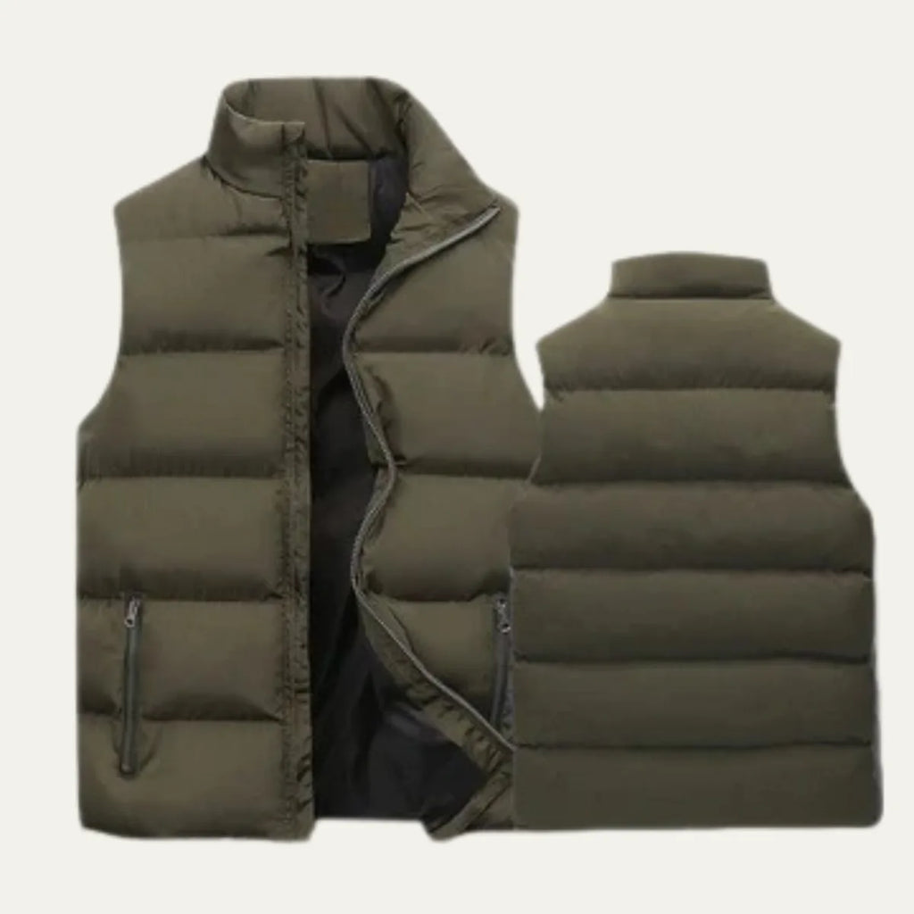 Front and back view of an army green padded gilet showing quilted panels and zipped pocket detail