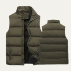 Front and back view of an army green padded gilet showing quilted panels and zipped pocket detail