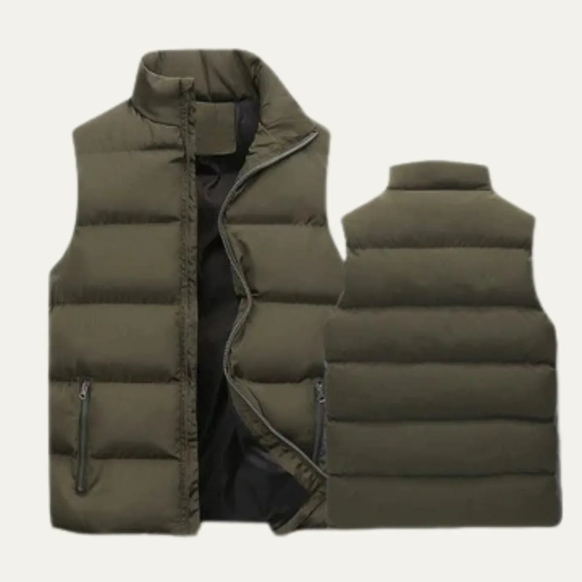 Front and back view of an army green padded gilet showing quilted panels and zipped pocket detail