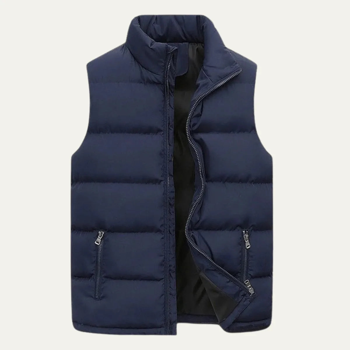 Front view of a navy blue quilted gilet, unzipped, with stand collar and twin zipped pockets