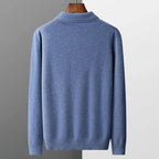Front view of the grey polo jumper folded flat showing even ribbing on collar and cuffs