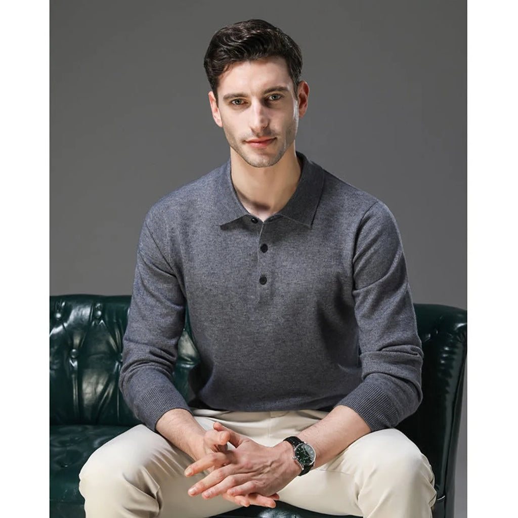 Man modelling the grey polo neck jumper from the front, showing relaxed fit through the body