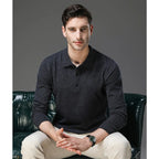 Man modelling the navy polo neck jumper, front view showing collar sitting flat against the neck