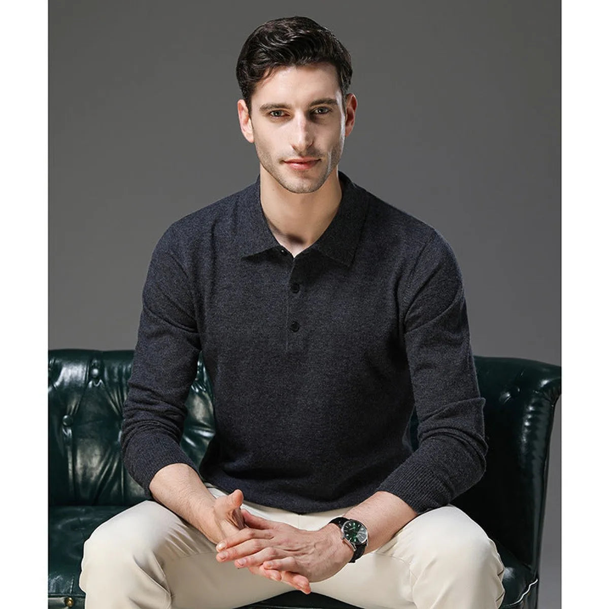 Man modelling the navy polo neck jumper, front view showing collar sitting flat against the neck