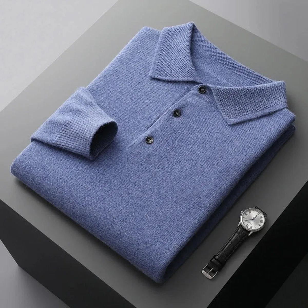Man modelling the black polo neck jumper, front view showing the three-button placket detail