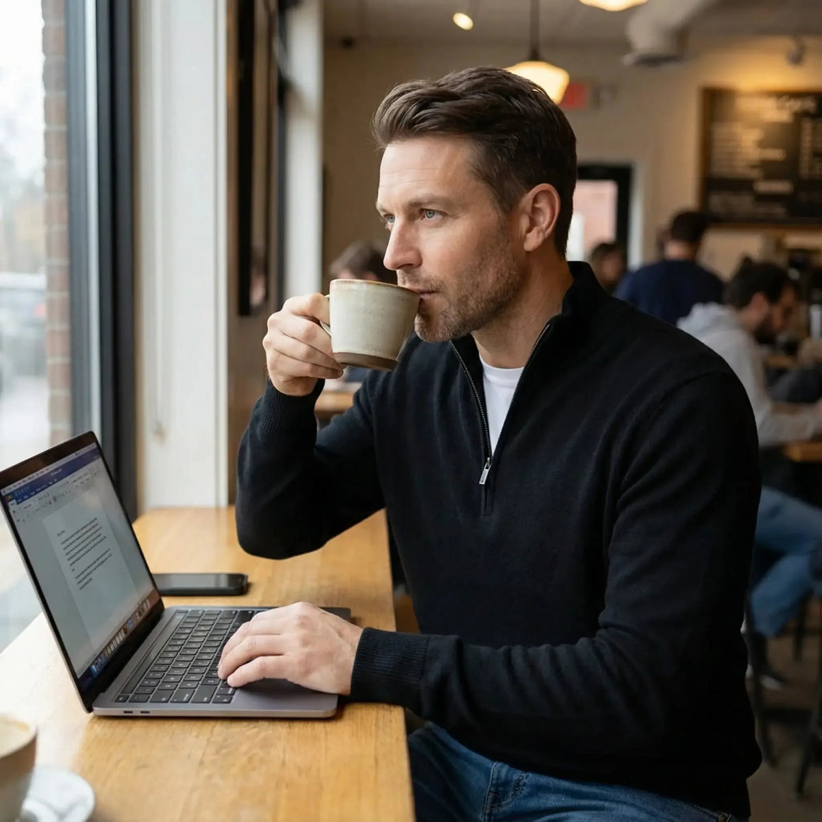 Man in a coffee shop drinking from a mug while wearing a black quarter-zip jumper over a white tee and jeans