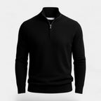 Close-up flat view of a black quarter-zip jumper showing the ribbed collar, metal zip pull and knit texture