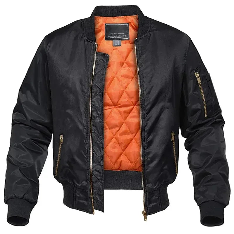 Black bomber jacket, front view with zip open, orange quilted lining visible and zipped sleeve pocket on the arm.