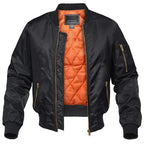 Black bomber jacket, front view with zip open, orange quilted lining visible and zipped sleeve pocket on the arm.