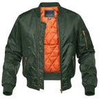 Army green bomber jacket with ribbed cuffs and hem, front zip open to reveal the orange quilted interior.