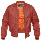 Rust red bomber jacket, front open view showing the orange quilted lining, zippered chest pocket and side pockets.