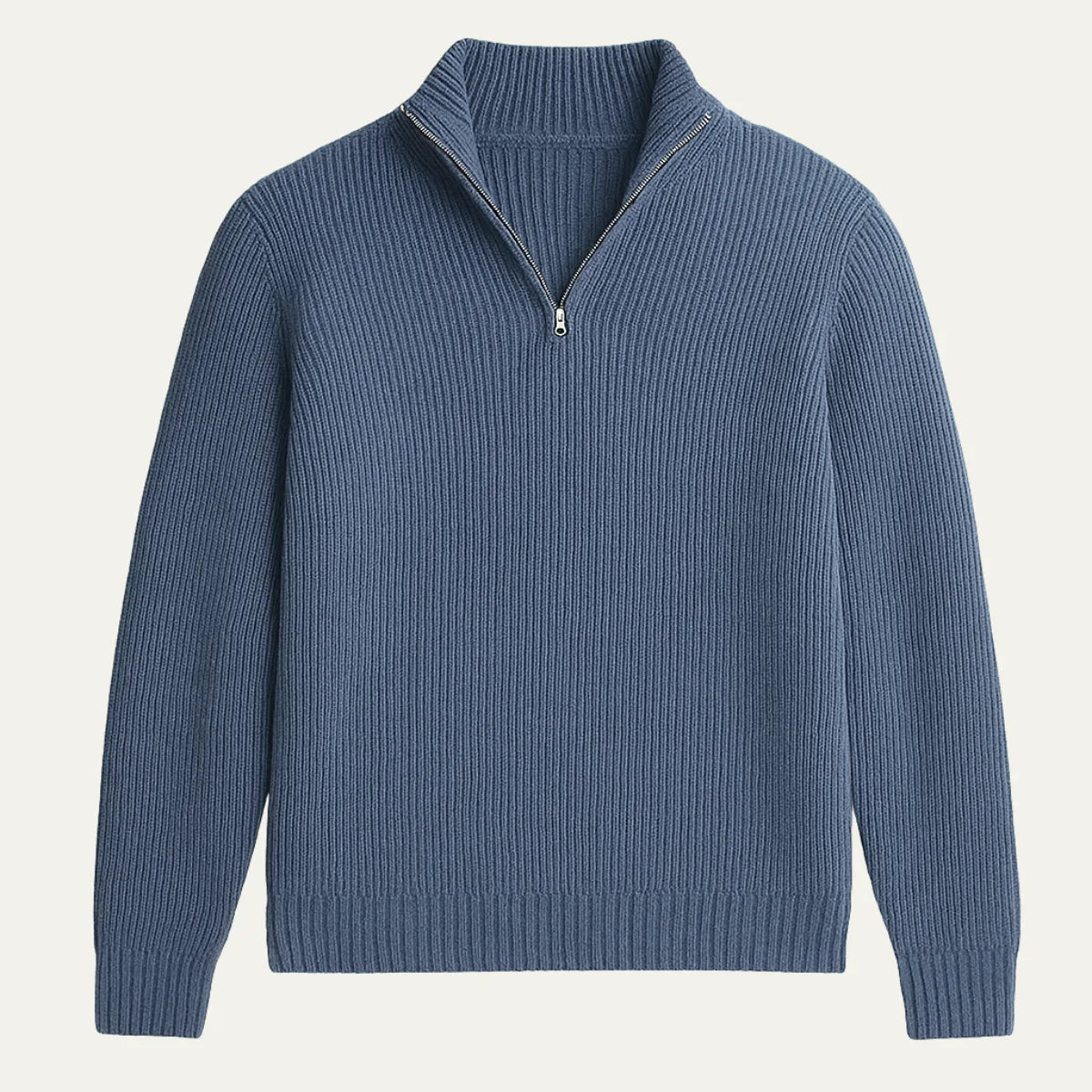 Navy blue ribbed knit half-zip jumper laid flat, showing silver zip pull and classic collar