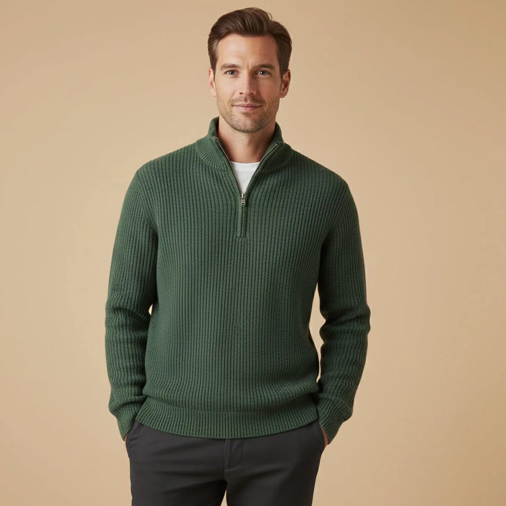 Model wearing the half-zip knit jumper with hands in trouser pockets, front facing