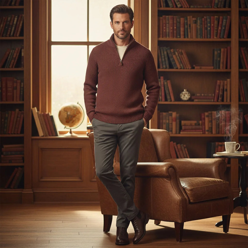 Full front view of the half-zip jumper showing relaxed fit and long sleeves