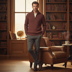 Full front view of the half-zip jumper showing relaxed fit and long sleeves