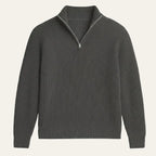 Charcoal grey ribbed knit half-zip jumper laid flat on a plain background