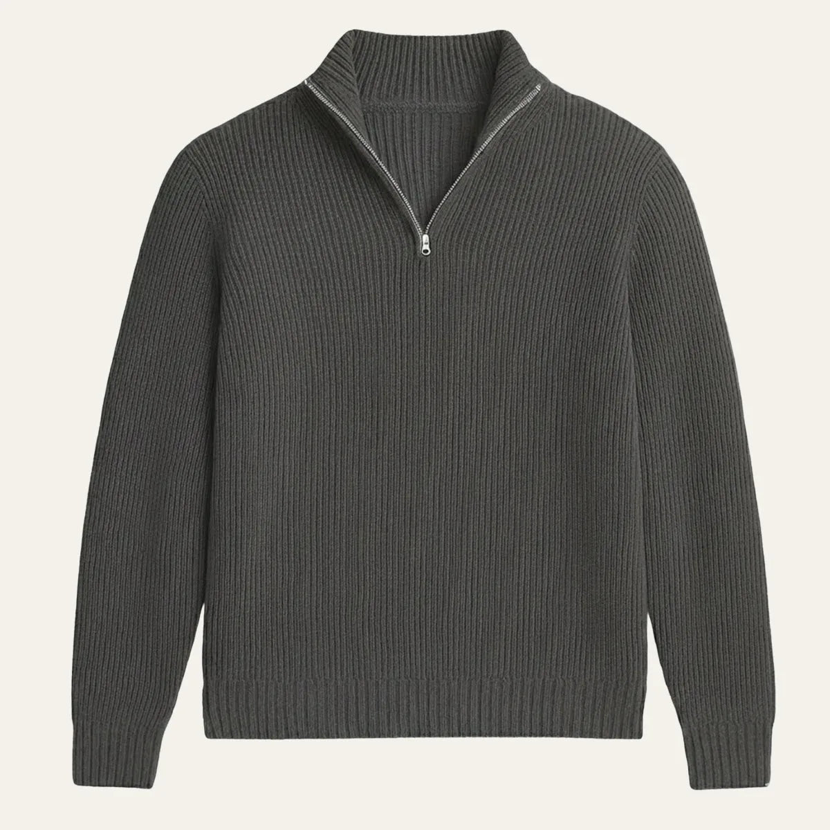 Charcoal grey ribbed knit half-zip jumper laid flat on a plain background