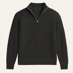Black ribbed knit half-zip jumper laid flat, showing silver zip and ribbed collar