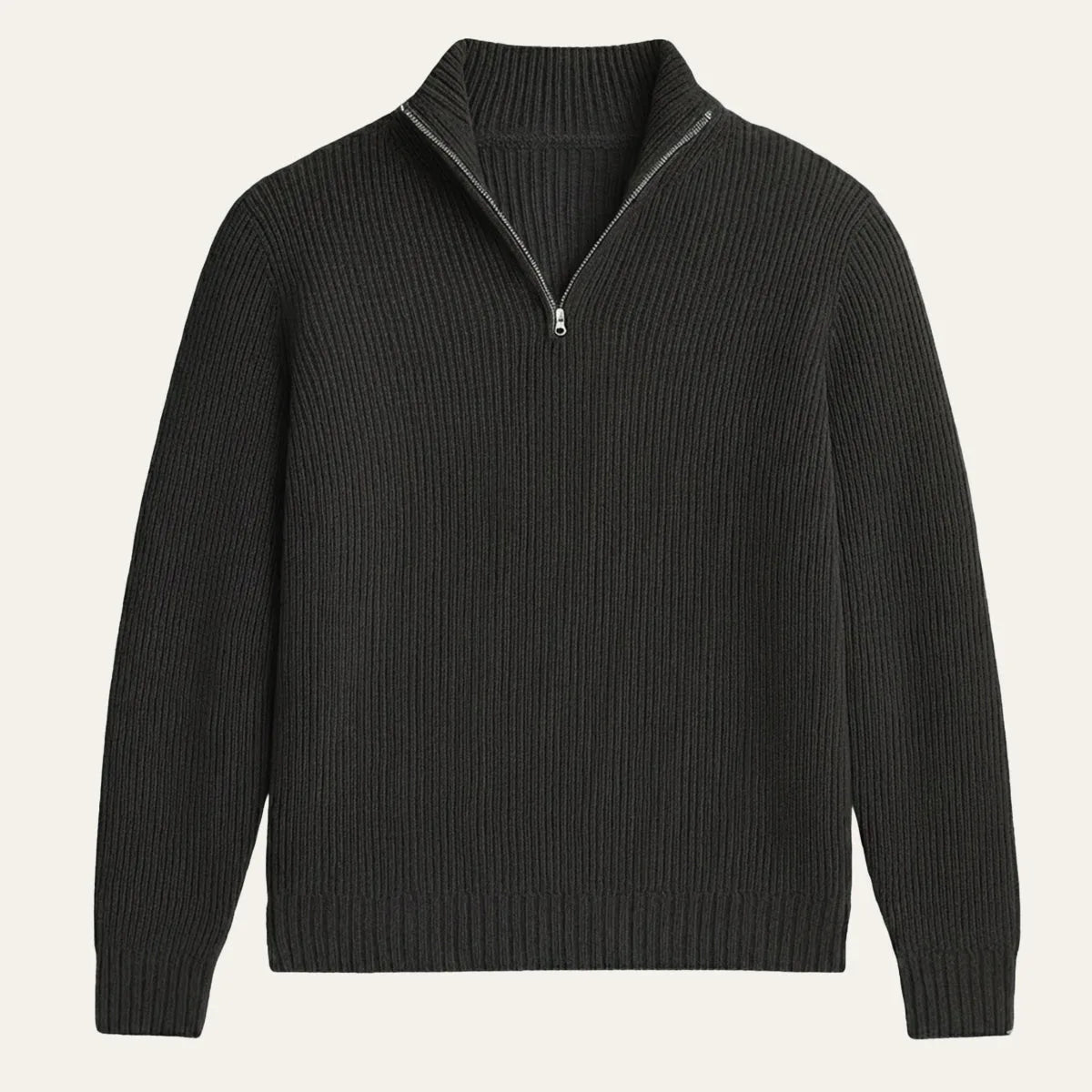 Black ribbed knit half-zip jumper laid flat, showing silver zip and ribbed collar