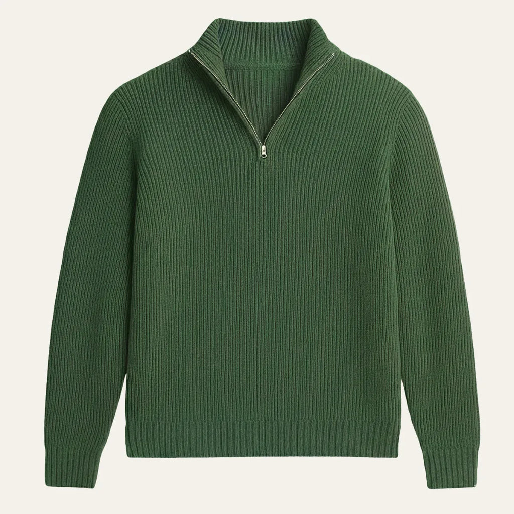 Front view of the ribbed knit half-zip jumper laid flat showing overall silhouette