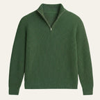Front view of the ribbed knit half-zip jumper laid flat showing overall silhouette