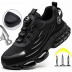 Side view of a black mesh safety trainer with rotary dial lacing, reinforced toe cap inset, hammer icon and anti-puncture sole graphic