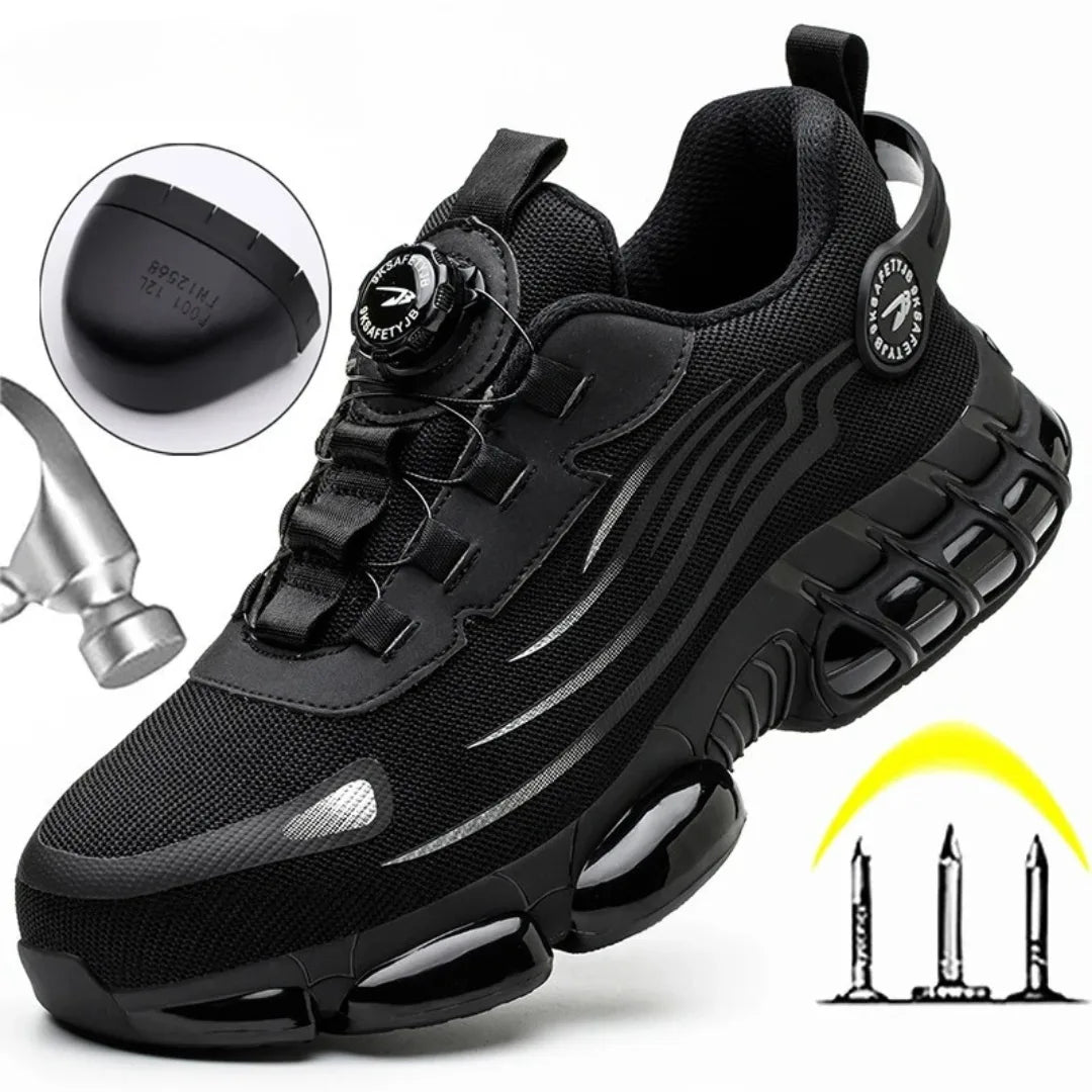 Side view of a black mesh safety trainer with rotary dial lacing, reinforced toe cap inset, hammer icon and anti-puncture sole graphic