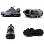 Four-angle grid view of the grey safety trainer showing side profile, top-down lacing, heel and ridged rubber outsole