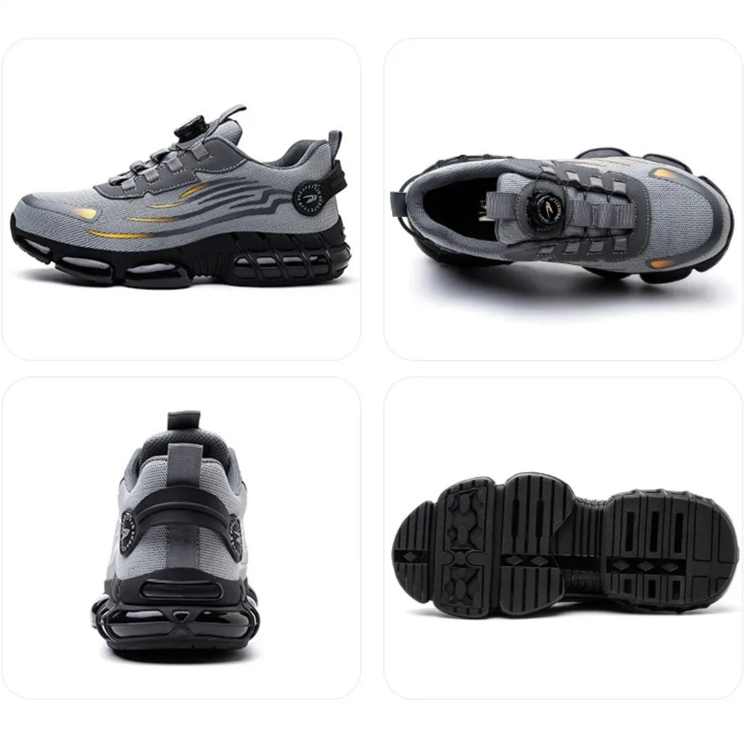 Four-angle grid view of the grey safety trainer showing side profile, top-down lacing, heel and ridged rubber outsole