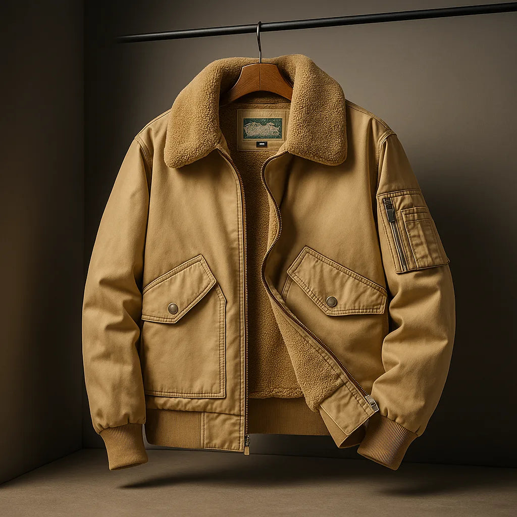 Tan bomber jacket on a wooden hanger, fully zipped open showing fleece lining and chest flap pockets