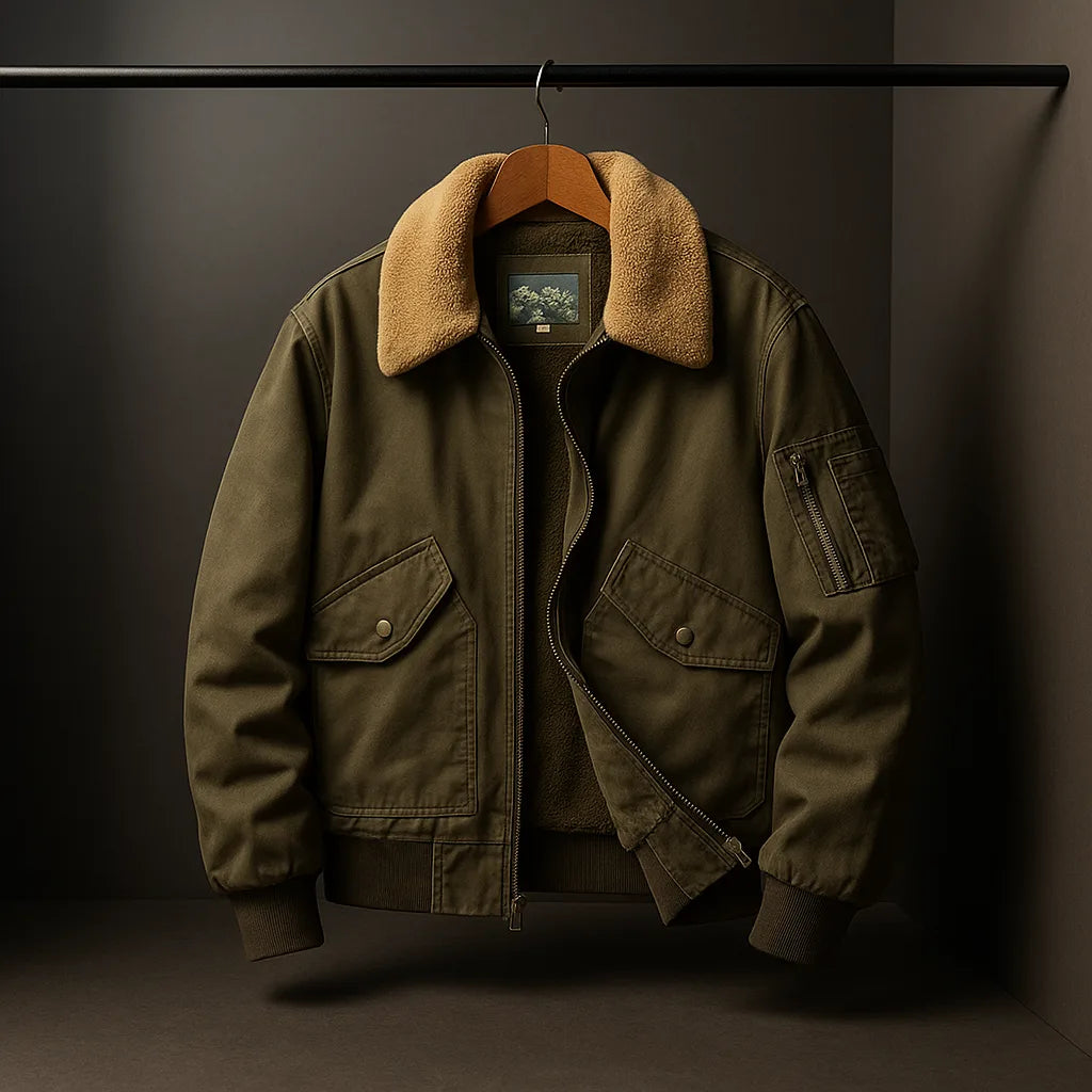 Olive green bomber jacket hanging on a rail, front open, showing brand label and shearling collar