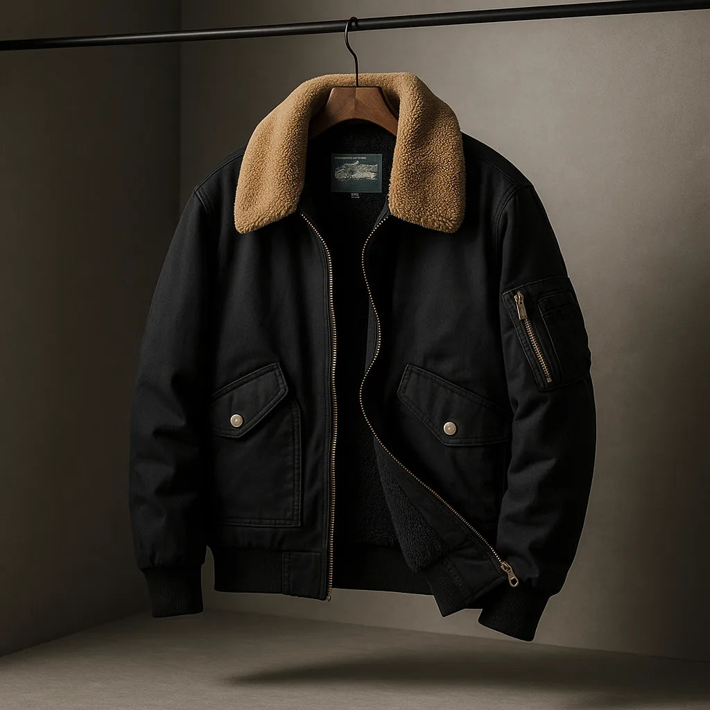 Black bomber jacket on a hanger with tan shearling collar, cuffs and hem shown in ribbed knit detail