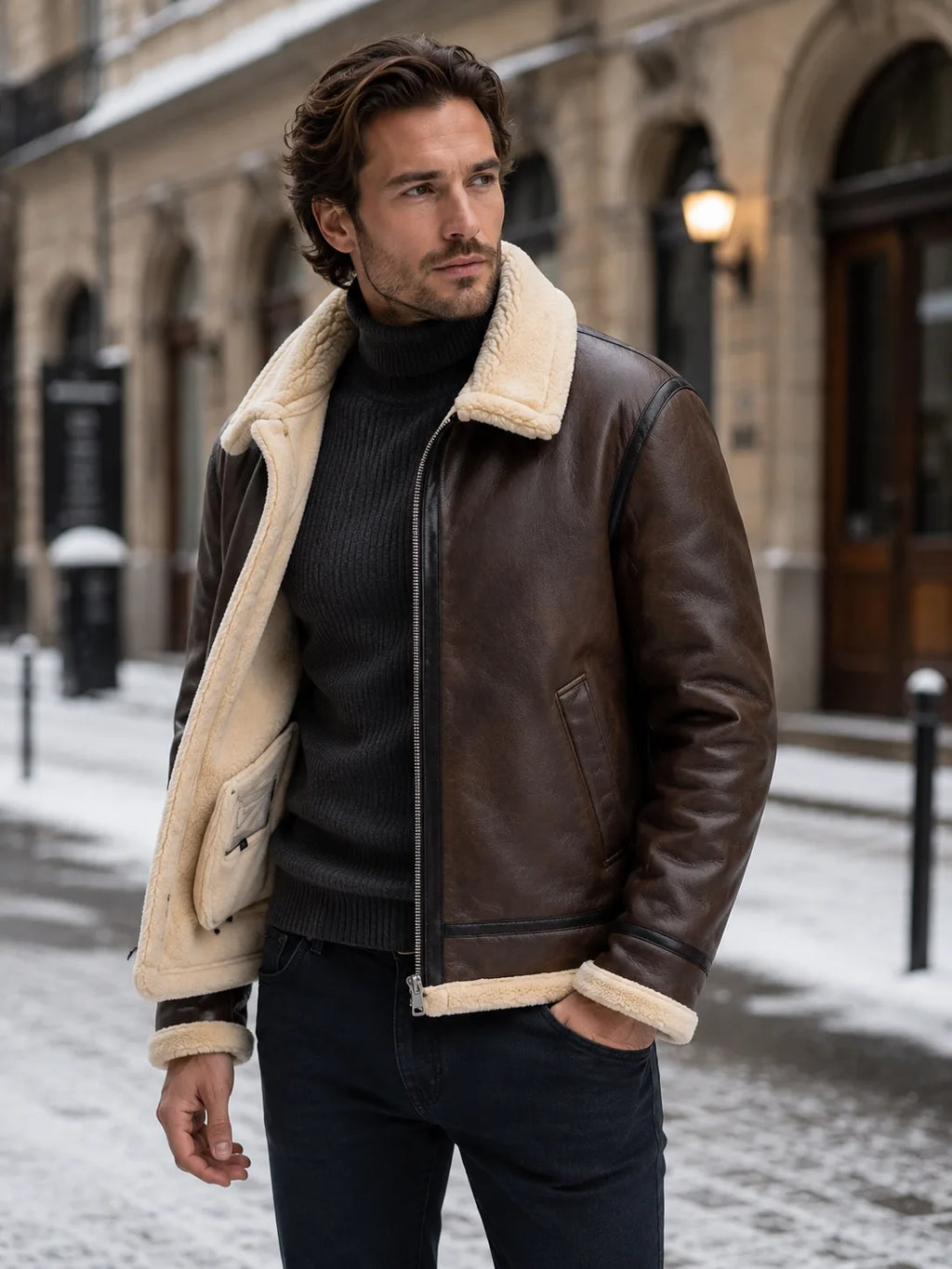 Man in brown leather aviator jacket with cream shearling collar, worn open over a black polo neck, standing on a snowy street.