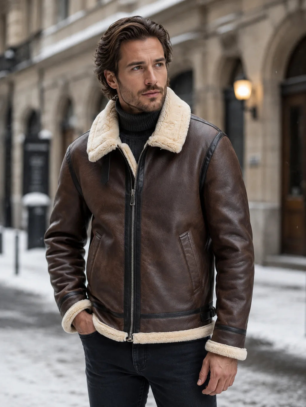 Close front view of the brown leather aviator jacket showing the zip fastening, shearling trim and side pocket detail.