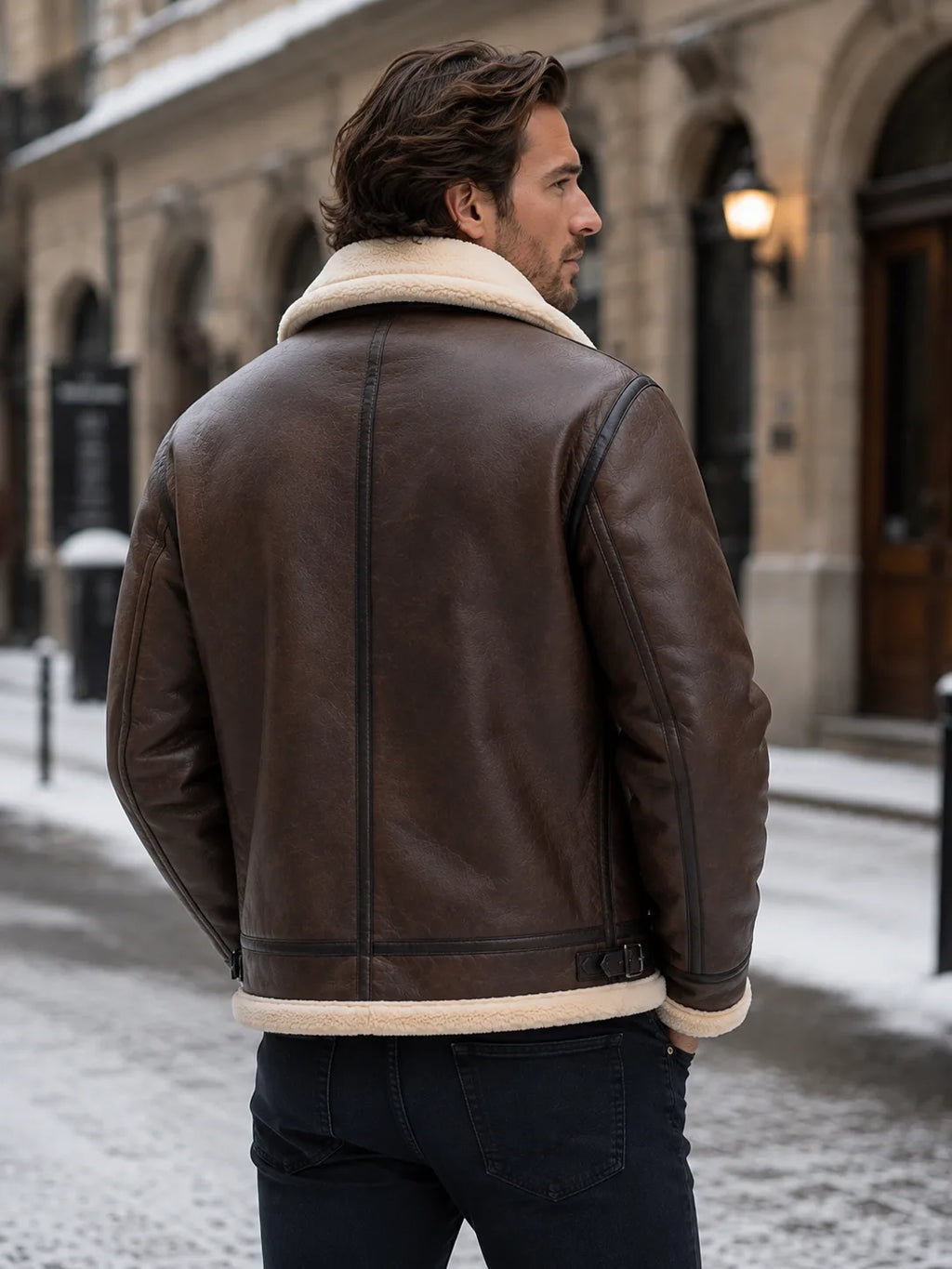 Back view of the brown shearling-lined aviator jacket, showing the straight hem, back seam and belt strap detail.