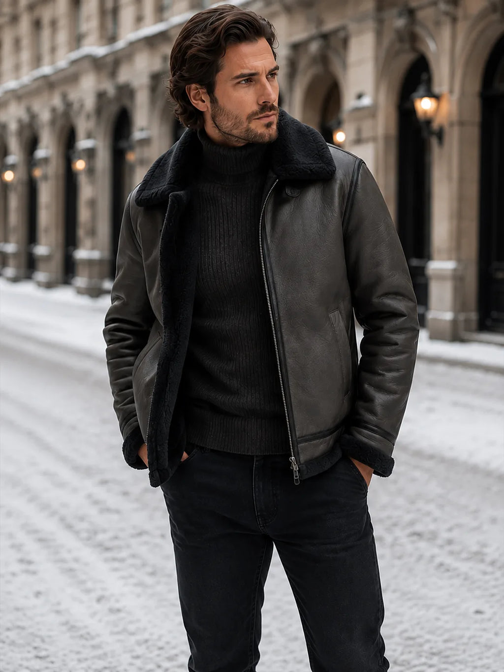 Man wearing a black leather aviator jacket with black shearling collar, zipped partway over a black polo neck.