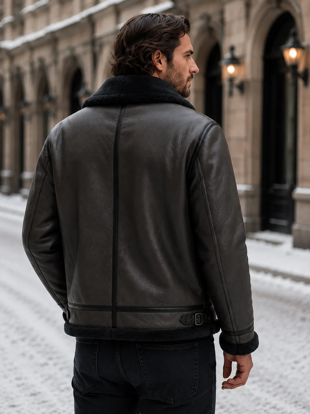 Back view of the black leather aviator jacket showing the shearling-lined collar, side seams and adjustable hem strap.