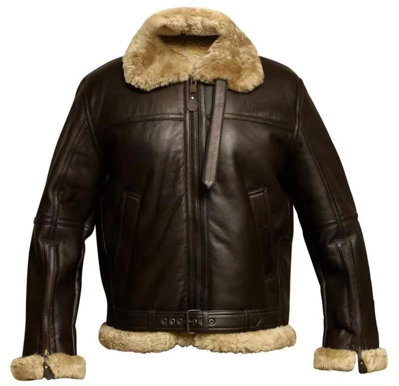 Front product shot of a dark brown leather flight jacket with tan shearling collar, zip fastening and buckled waist belt
