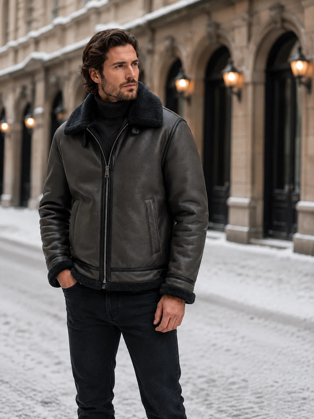 Front three-quarter view of the black aviator jacket with hands in pockets, showing the shearling cuffs and collar.